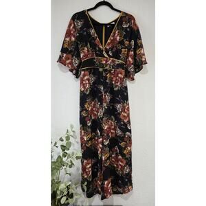 June & Hudson Floral Wide-Leg Romper • Medium • Boho Wrap Style